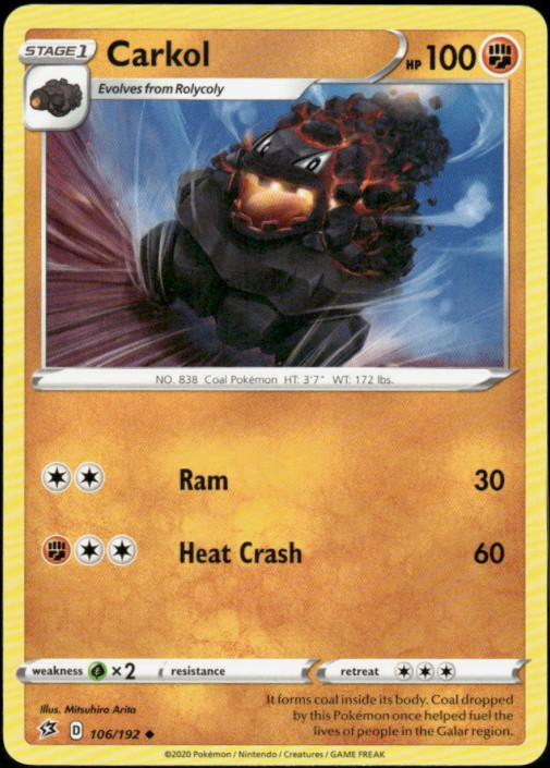 Pokemon -  Carkol - 106/192  - Rebel Clash - Rare - NM/M