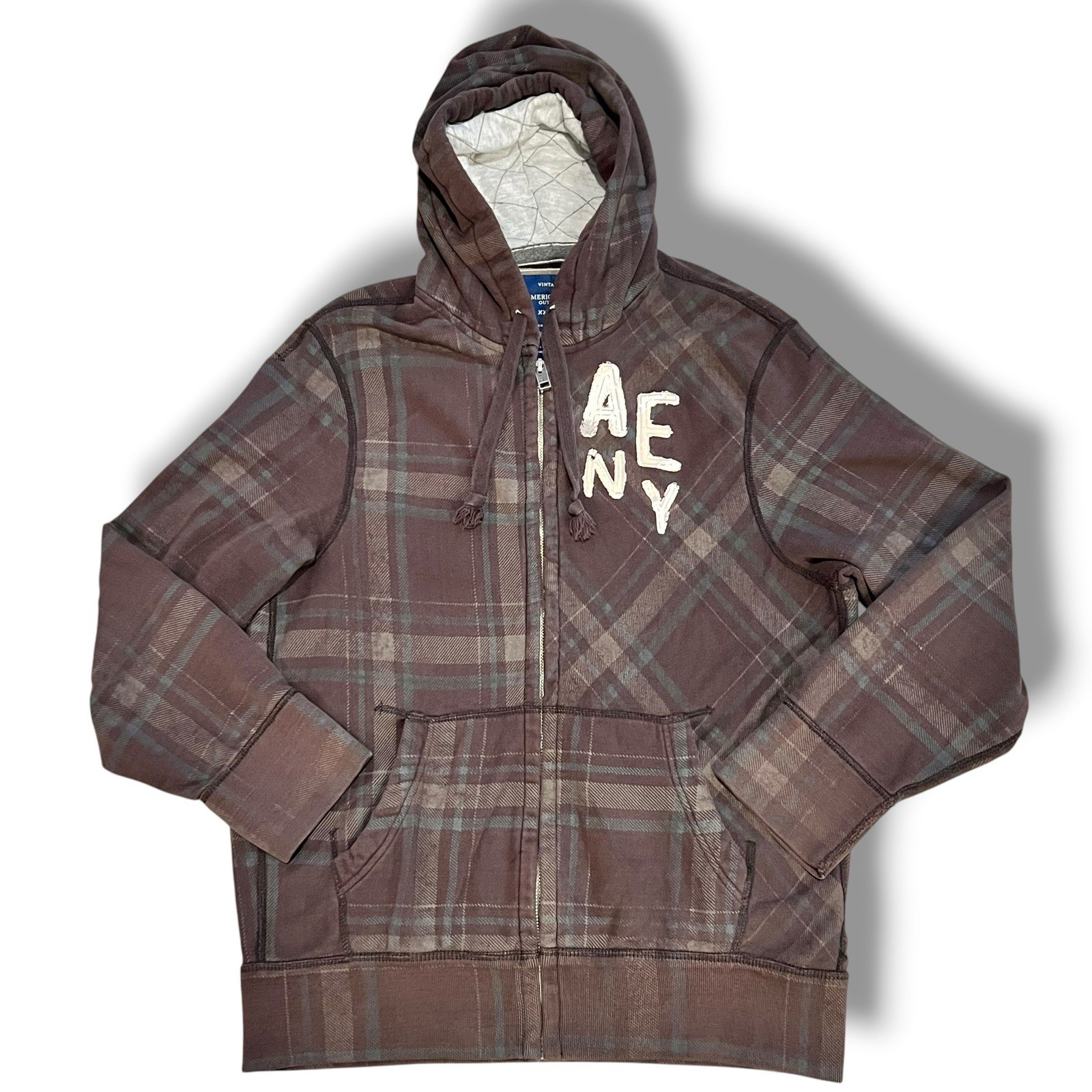 American Eagle Outfitters Hoodie Mens 2XL Brown Plaid Y2K Full Zip Heavyweight