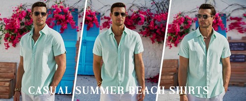 Leinenhemden für Herren Kurzarm Leinenhemden Freizeit Button Down Hemden Sommer - Bild 22 von 53