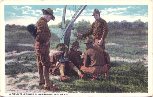 FIELD TELEPHONE IN OPERATION c1920 ww1 antique postcard military soldiers war