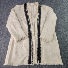 Chicos Cardigan Women Size 1 Ivory Black Fringe Open Front Tweed Knit Jacket