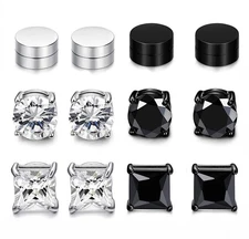 3 Pair Men Women Stainless Steel Magnetic Stud Earrings Non-Piercing Clip on E41