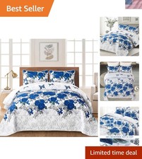 Blue Floral Quilt Set Queen Size Summer Botanical Bedspreads Bedding Set 3 Pi...