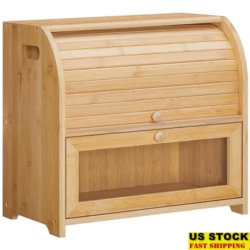 Natural Bamboo Bread Box 2 Tier Roll Top Food Storage Cabinet Kitchen Organizer