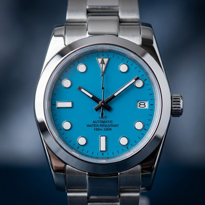 Automatik Uhr 36mm Seiko NH35 Edelstahl Türkisblau Blitz Sekundenzeiger