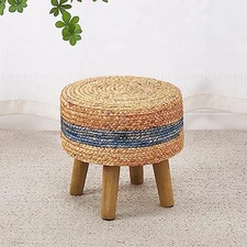  Round Ottoman Natural Seagrass Footstool Hand Weave Water Hyacinth Poufs Blue