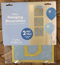 Baby Shower Boy Hanging Glitter Sign Blue Gold Party Decorations Gender Reveal
