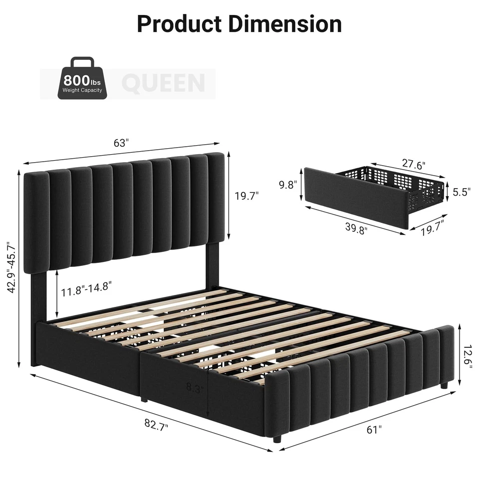 Marco de cama tamaño queen con 4 cajones, marco de cama plataforma tapizado de lino moderno Foto 4 de 4