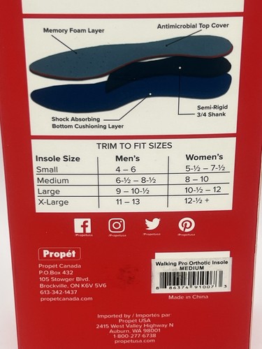 New Propet Walking Pro Orthotic Insoles Medium Woman 8-10 Men 6.5-8.5 Gray - Bild 4 von 6