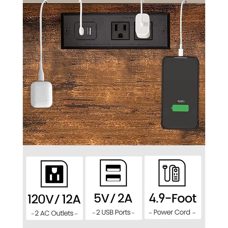 End Table W/ Charging Station USB Ports AC Outlets 2-Tier Storage Nightstand