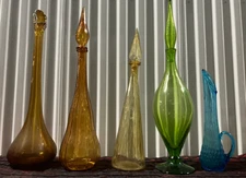 5 Vintage Glass Genie Bottles w/ Stopper-- Mid Century Decor