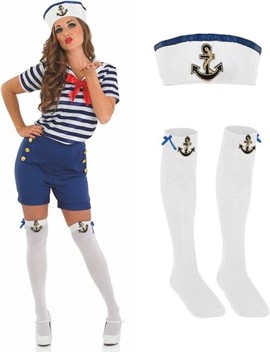 Womens Sassy Sailor Girl Costume Socks S-XL Ladies Navy Cutie Uniform Halloween - Picture 1 of 4