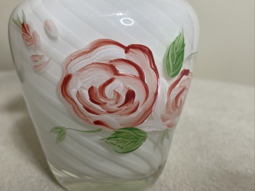 Vase ancien verre soufflé main peint main roses bord bleu 5 1/2" style Fenton - Photo 13/20