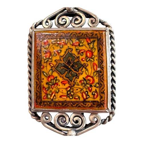 Vintage Persian Miniature Tile Hand Painted Sterling Silver Brooch Scroll Design - Picture 2 of 5