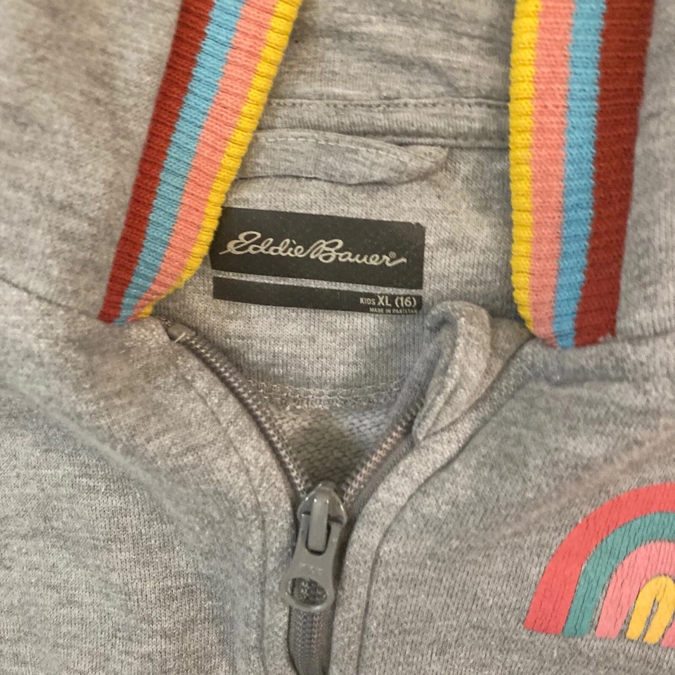 Jaqueta Eddie Bauer com capuz meninas grande rosa cinza lã zíper completo desgastada - Imagem 3 de 4