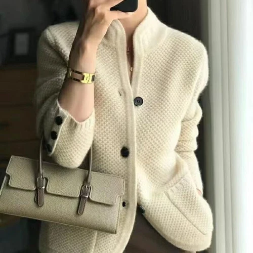 Top de lana de invierno para mujer cárdigan suéter de cachemir manga larga cuello alto suéter - Imagen 13 de 27