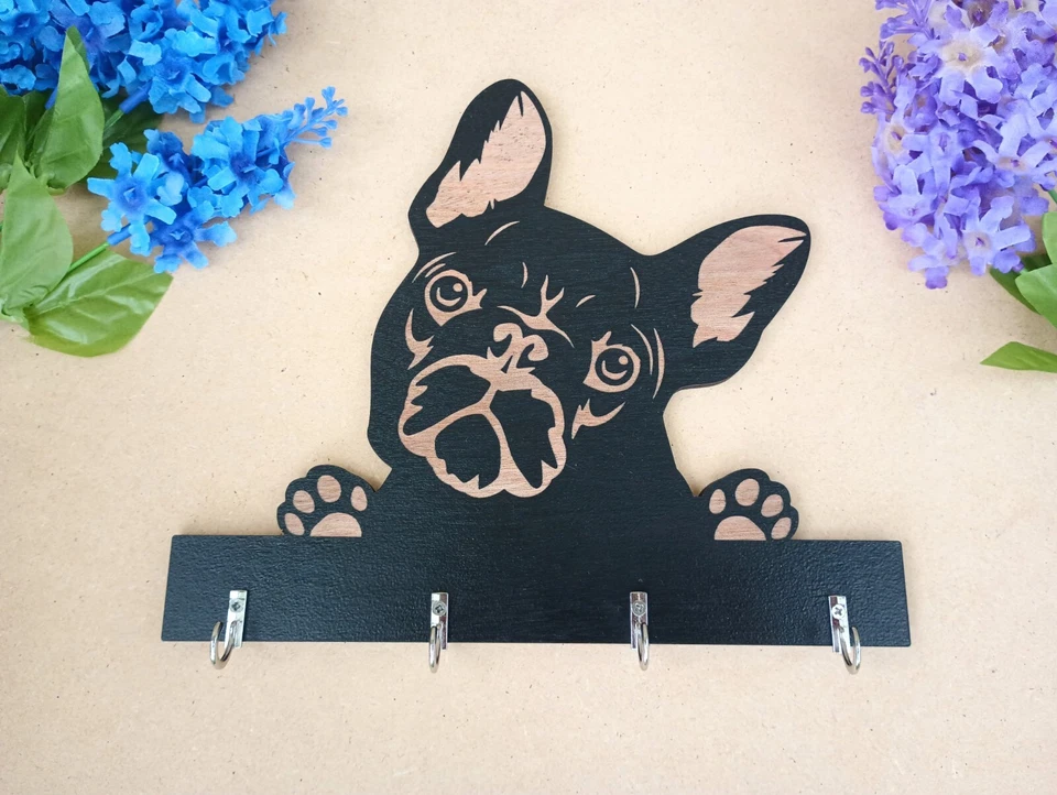 French Bulldog Peeking Key Ring Holder, Leash Holder, Wooden Key Ring Holder,... - Image 4 of 4