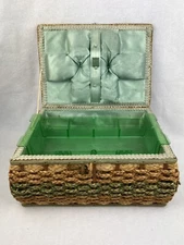 Large Vintage USB Rattan Green Wicker Sewing Basket Lined Handle Tray Japan