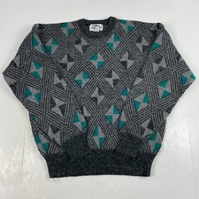 VINTAGE Expressions Sweater Men Large Gray Fuzzy Technicolor Diamond Grandpa 90s
