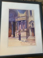 Neilsen "Woman In Front of Building Scene" Watercolor Painting - Signed/Framed