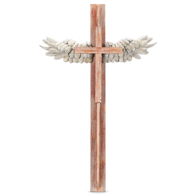 Natural Wood Angel Wings Cross 36 inch Wood Decorative Hanging Wall