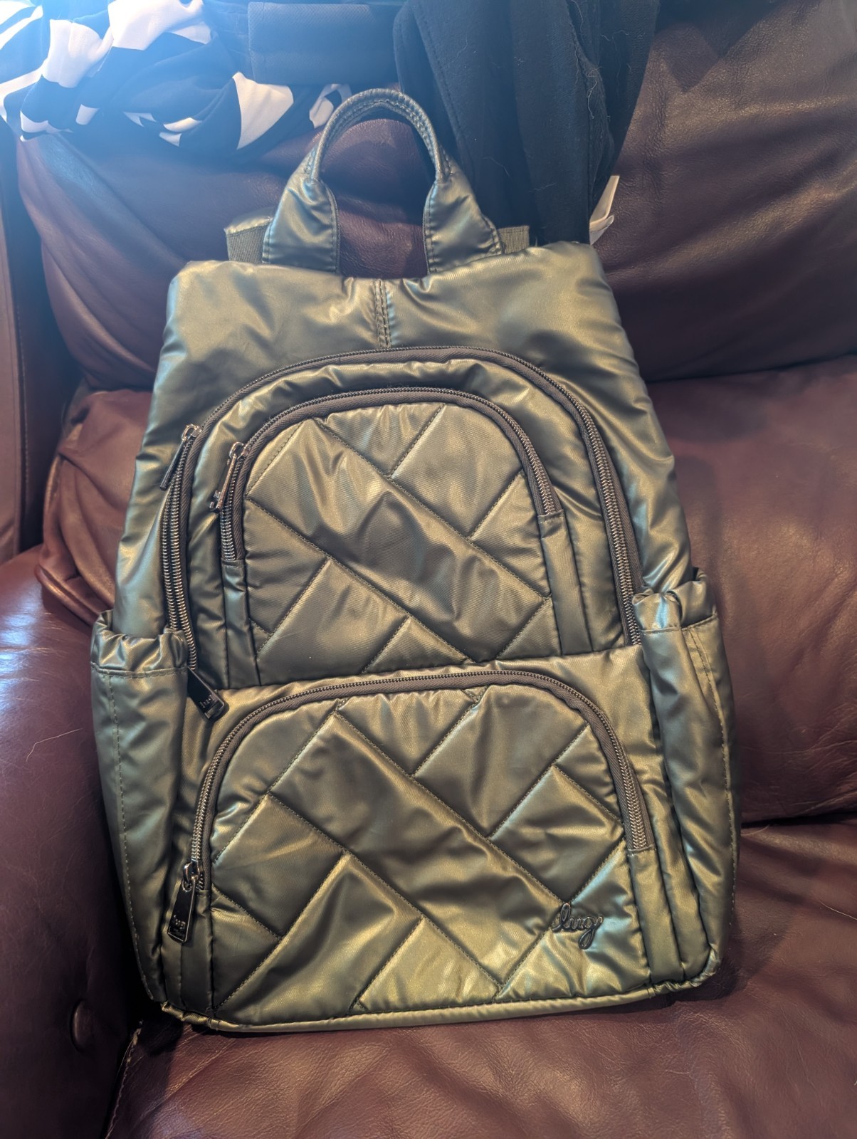 lug Hatchback Green Quilted Polyester Backpack Top Handle, Adjustable Straps