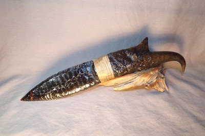 Unique Black Obsidian Paleo Knife Antelope Horn Handle, Flint Knapping, COA