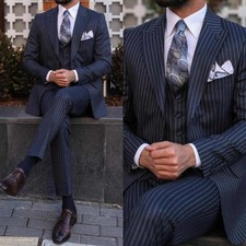 Spring Summer Men's Navy Striped Suits 3 Pieces for Wedding Business Banquet