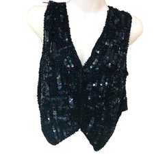 Vintage Womens Black Silk Sequin Beaded Vest Lined Event Goth Whimsigoth Party S