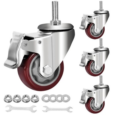 Caster Wheels Heavy Duty Castors PU Wheels M12-1.75x1-1/5 Threaded Stem