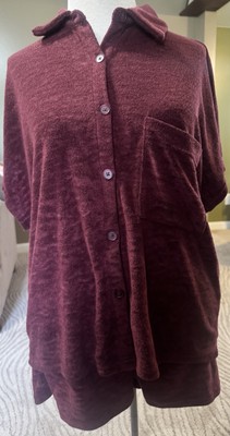 SHEIN Woman s Size Med Terry Cloth Button Up Short Sleeve Two Piece Shorts