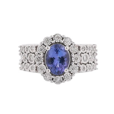14K White Gold 2.70ctw Tanzanite Diamond Halo Cocktail Ring Size 5.5