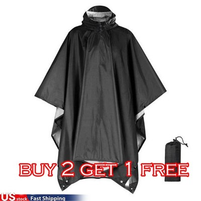 Black Waterproof Hooded Ripstop Rain Poncho Military Camping Hiking Raincoat New