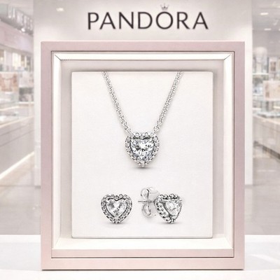 Authentic Pandora Elevated Heart Silver Necklace & Earrings Gift Set SALE! Z7