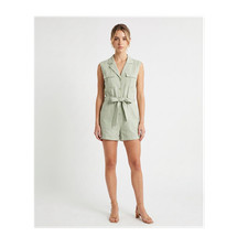 MNG Light Green Linen Sleeveless Romper Belted Button Front Collared Size S
