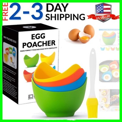 4 Pack Silicone Egg Poacher Cups with Ring Standers, Nonstick Egg Poaching Cu...