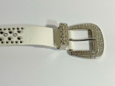 Womens Vintage 80s White Leather & Rhinestone Western Belt 