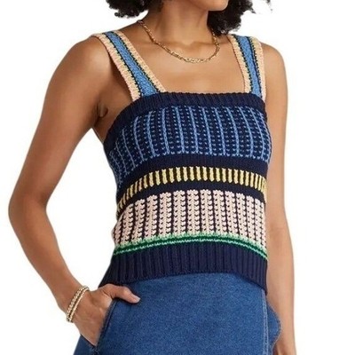 Veronica Beard Voya Knit Crochet Tank Top Size Sm Navy Blue Pink Striped