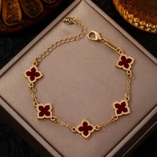 Lucky Four Leaf Clover Bracelet Gold Plated Red Charm Dainty Jewelry for Her