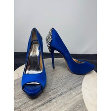 Badgley Mischka Royal Blue Satin Peep Toe Embellished Rhinestones Heels Size 6.5