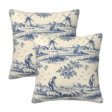 French Country Toile Pillow Covers 18x18 Set of 2, Blue  Cream Vintage Throw...