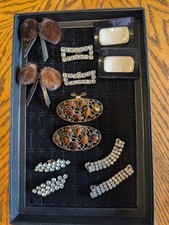 Vintage 6 Pair Shoe Clips Rhinestone, Fur  Leather, Metal Bling 1 Signed Musi