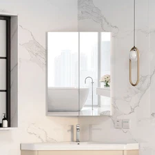 Corner Bathroom Mirror Cabinet With Storage Wall Mounting For Bathroom White