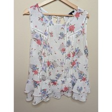 Zac  Rachel White Floral Sleeveless Top Size XL Lace Trim Ruffle Hem Tie Back