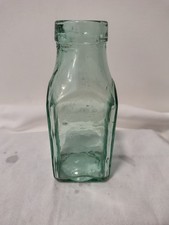 Old Antique Vintage Jar Milk Bottle Glass Green Square Base  15.5cm x 6cm