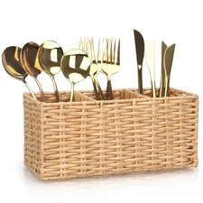 Wicker Flatware Silverware Caddy Cutlery Holder Kitchen Silverware Organizer ...