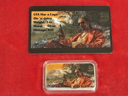Grand Theft Auto Mar-A-Lago Gin 'n' Juice Trump Snoop Dog 1 oz Silver Bar