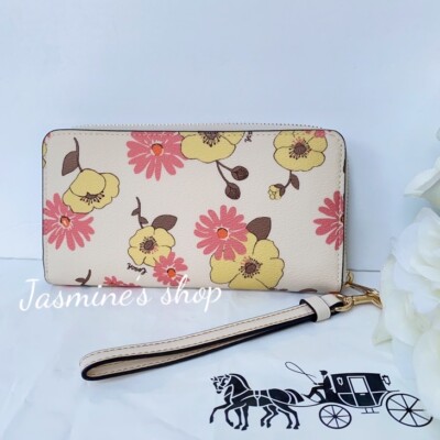 小物 Coach Longwallet Roundzip Leather Flower COACH Brown Signature Pink Floral Flower Long Wallet Round