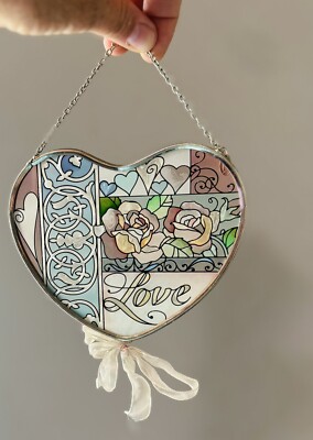 AMIA HANDMADE HEART STAINED GLASS SILVER MULTICOLOR FLORAL LOVE SUNCATCHER 5''