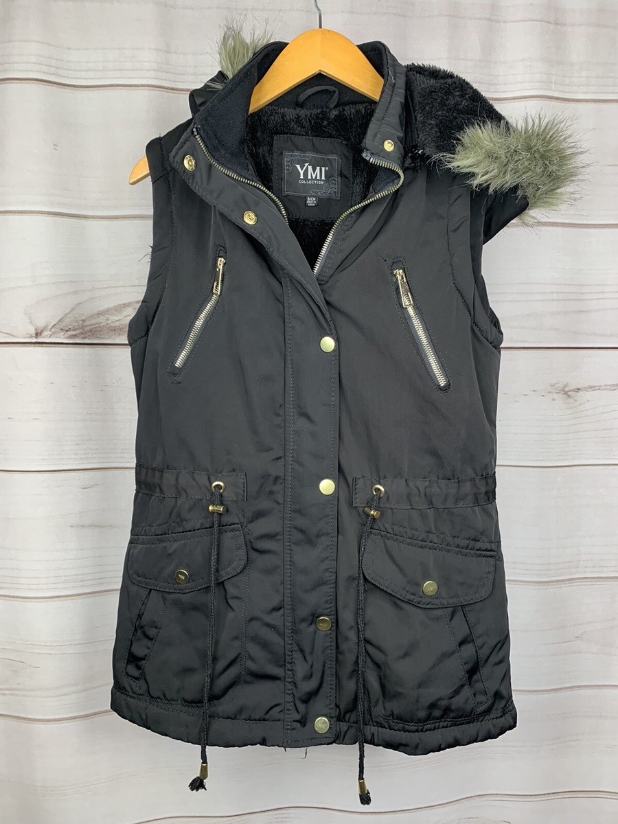 YMI Black Vest Lined Sleeveless Jacket with Zipper Snaps Hooded S #B79